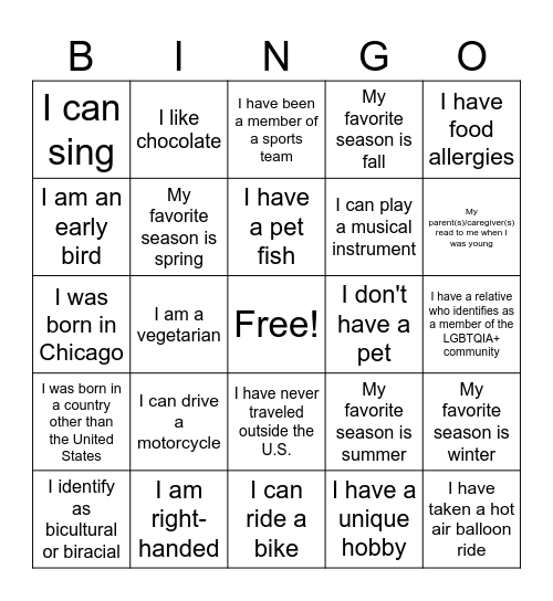 Diversity Bingo Card