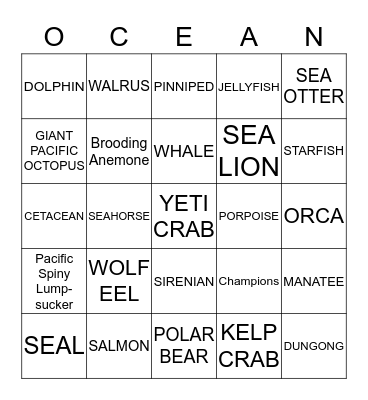 PNW OCEAN ANIMALS Bingo Card