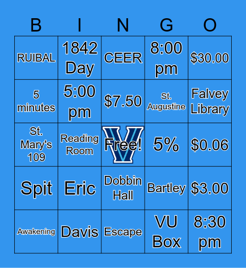 Villanova 101 Bingo Card