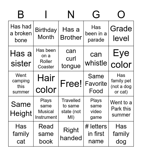 Getting To Know You Bingo Card