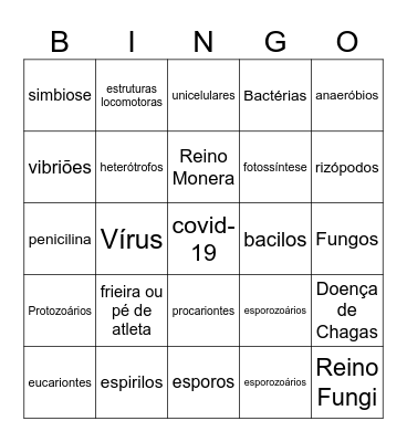 Bingo Vírus/ Reinos Monera/Protista/Fungi Bingo Card