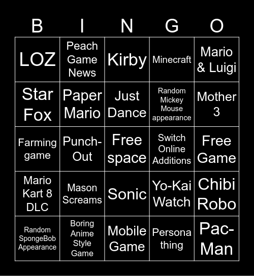 September Nintendo Direct Bingo Card