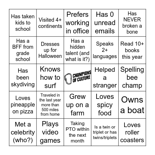 Get to know you Bingo Card