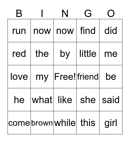 Kindergarten Bingo Card