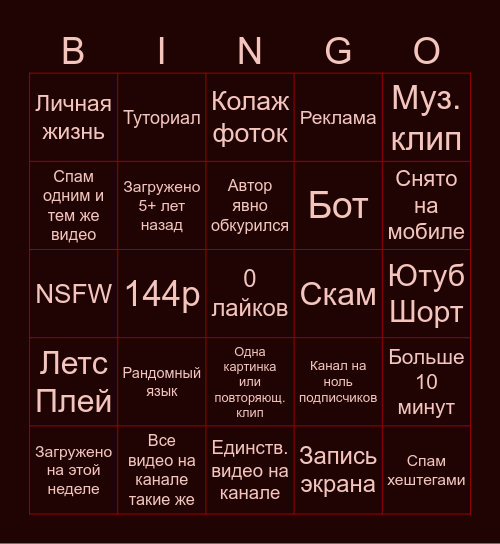 Неизведанный Ютуб Bingo Card