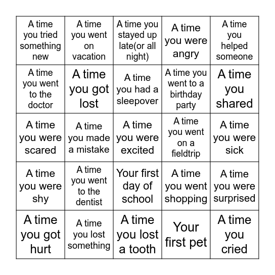 Personal Narrative Writing Prompts Bingo Card