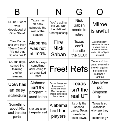 Texas vs. Alabama Bingo Card