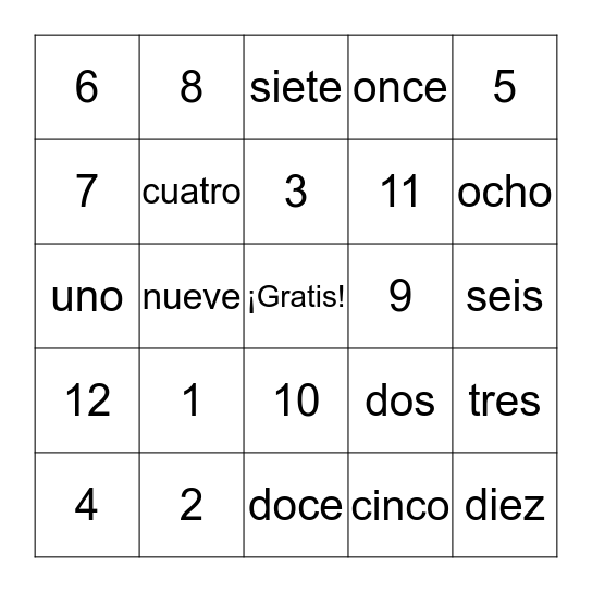 Los Numeros Bingo Card