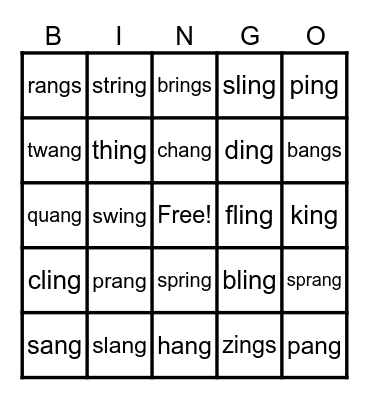 -ang and -ing Bingo Card