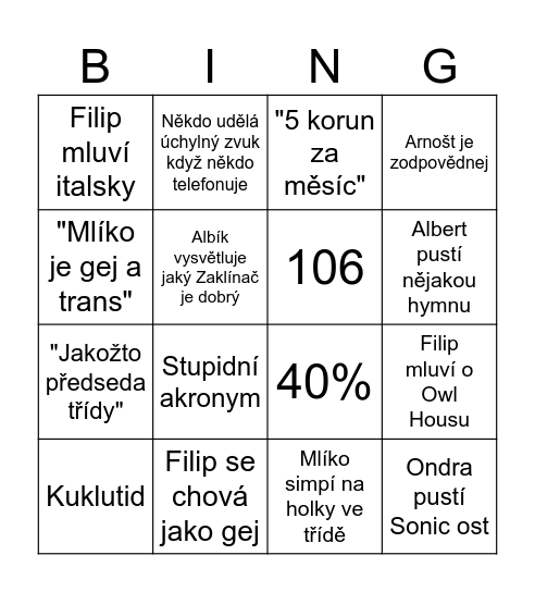 Milkshake Bingo Card