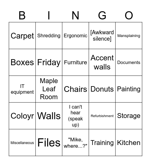 Refurbishment Bingo Card