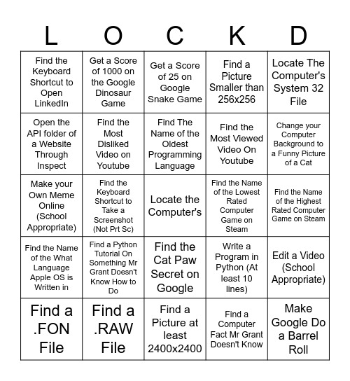 Computer Scavenger Hunt Bingo Card