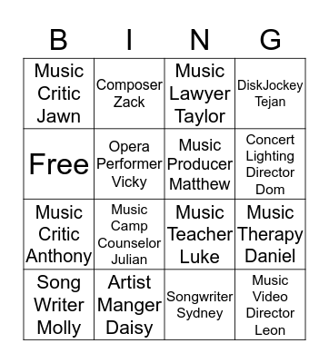 Careers In Music Bingo Card