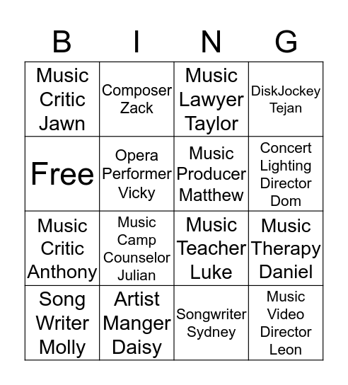 Careers In Music Bingo Card