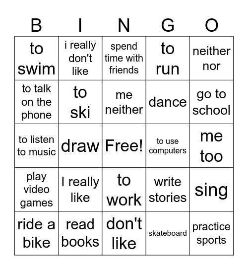 New vocabulary: Expressing likes & dislikes Bingo Card