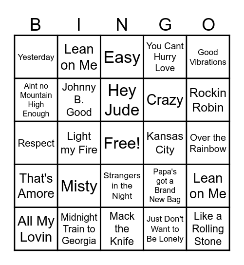 Pete's Music Bingo Card