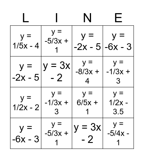 equations of lines bingo Card