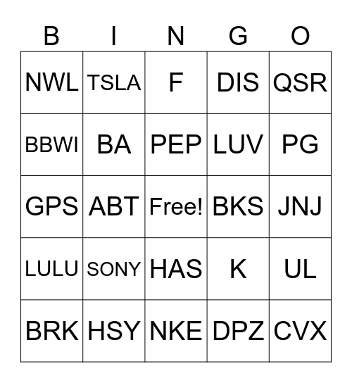 TICKER SYMBOL Bingo Card