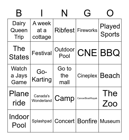 Summer Recap Bingo Card