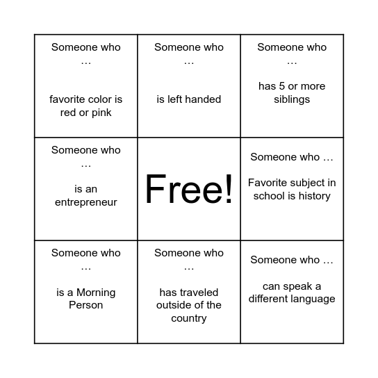 Getting to Know You Bingo Card