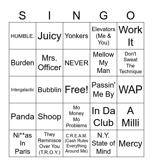 Round 4 - Hip Hop Bingo Card