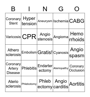 Medical Terms Circulatory System Bingo Card