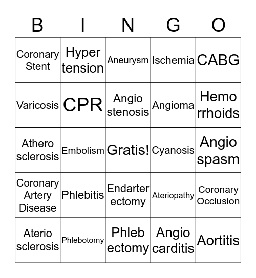 Medical Terms Circulatory System Bingo Card