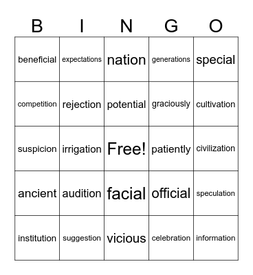 Sounds of ti and ci Bingo Card