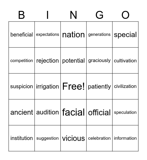 Sounds of ti and ci Bingo Card