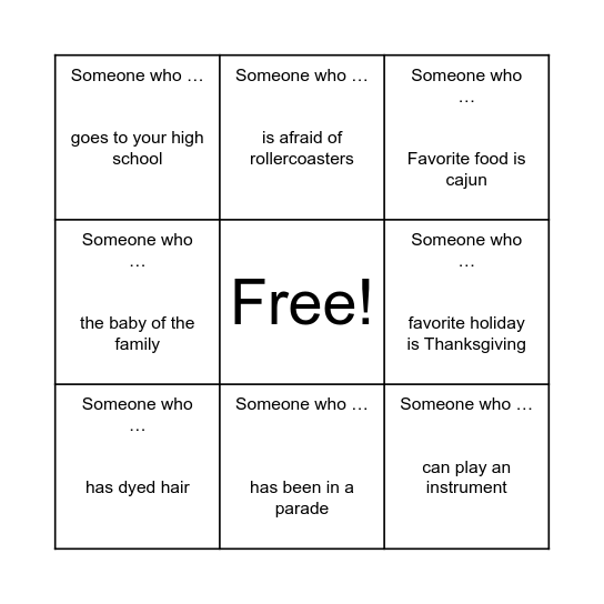 Getting to Know you Bingo Card