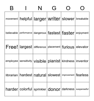 Suffix Bingo Card