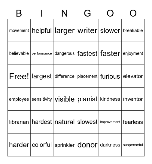 Suffix Bingo Card