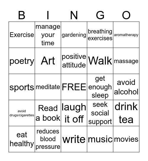 No More Stress Bingo Card