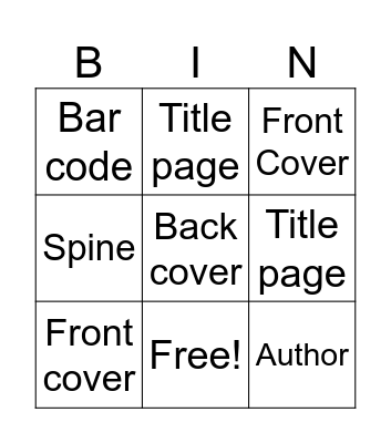Parts of a Book Bingo Card