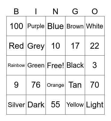 Colors and Numbers Bingo Card