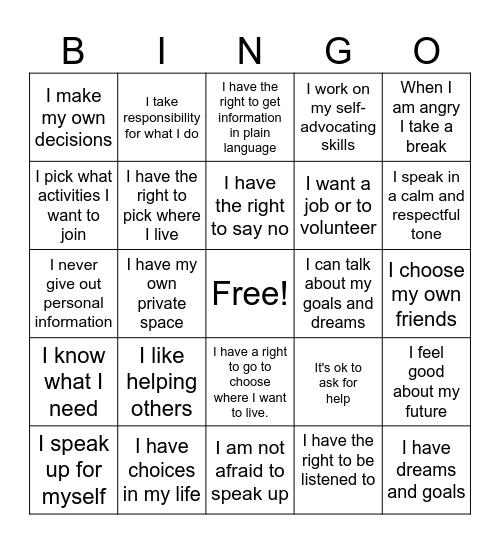 Self-Advocacy BINGO Card