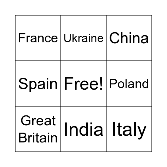 COUNTRIES Bingo Card