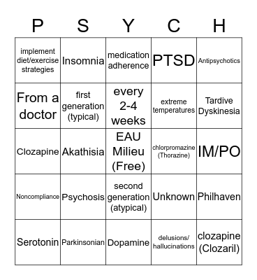 Antipsychotic Medication Education Bingo Card