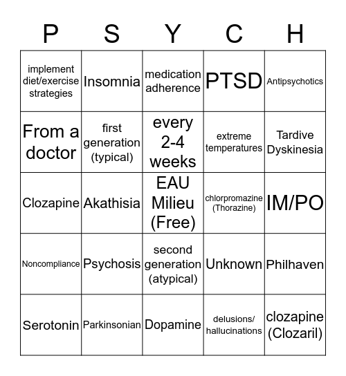 Antipsychotic Medication Education Bingo Card
