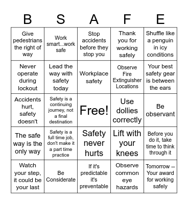 CCCSR Safety Bingo Card