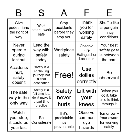 CCCSR Safety Bingo Card