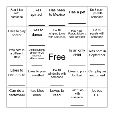 P.E. Cooperative Human Bingo Card