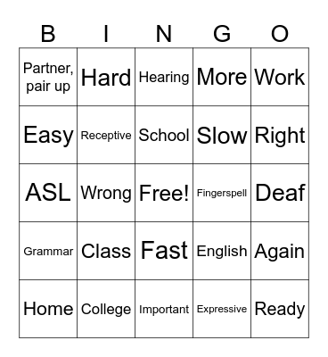 ASL 1 Beginning Vocab Bingo Card