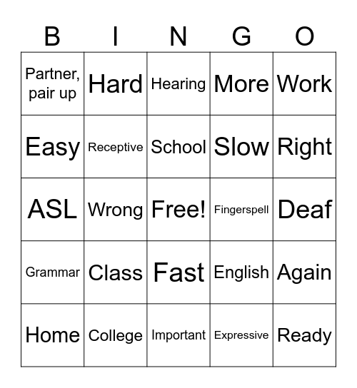 ASL 1 Beginning Vocab Bingo Card