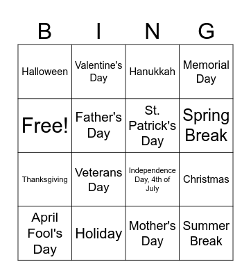 ASL 1 Holidays Bingo Card