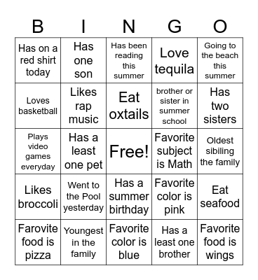 All About Me Bingo Card