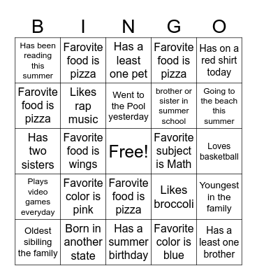All About Me Bingo Card