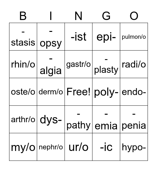 Medical Terminology STJ 2324 Bingo Card