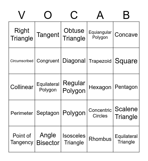 Introduction to Geometry Bingo Card