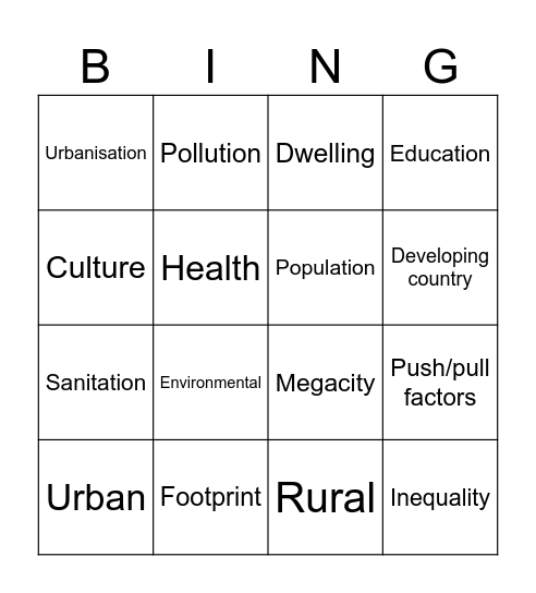 Liveability Bingo Card